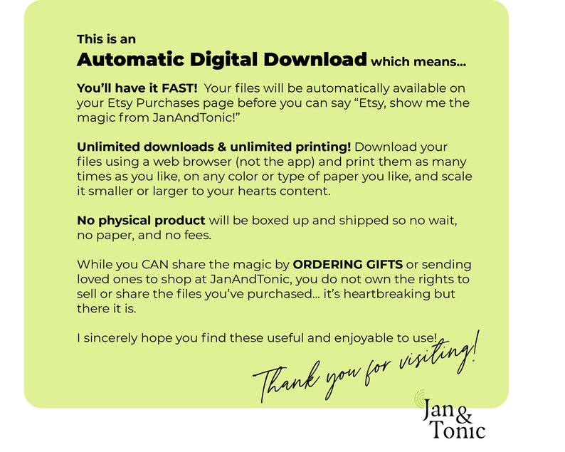 K&ouml;nnte beinhalten: Ank&uuml;ndigung zum digitalen Download auf hellgr&uuml;nem Hintergrund. Der Text enth&auml;lt "Automatischer digitaler Download" und Details zu unbegrenztem Druck und keinem physischen Produkt. Der Text endet mit "Vielen Dank f&uuml;r Ihren Besuch!"