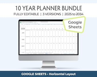 Planificador de 10 años en Google Sheets, Familia, escuela, viajes, profesores, Organizador anual, 2025, 2026, 2027, 2028, 2029, 2030, 2031, 2032, 2033, 2034