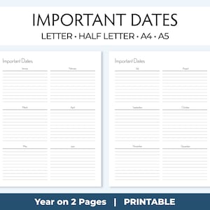 Página de fechas importantes, lista imprimible para insertar en papel tamaño carta, media carta, A4 y A5. Para cumpleaños, días festivos, fechas escolares y más.
