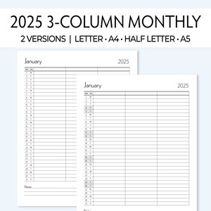 Planificador mensual imprimible 2025, inserto de 3 columnas para viajes, estudio, familia, carta, media carta, A4, A5, organizar personal, escuela, trabajo, vida
