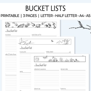 Bucket List Printable, Wunschliste, lustige Ziele, Selbstfürsorge, Ruhestand, Vintage botanische Illustrationen, Druck auf Letter, Half Letter, A4, A5