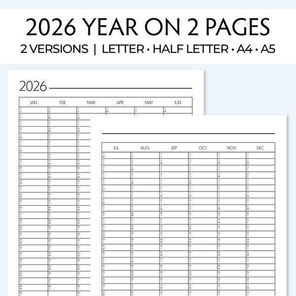 Printable Yearly Planner, 2026 minimalist YO2P for work, family, travel, medical, fitness and more. Annual print or digital for notes apps