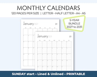 Könnte beinhalten: Ein 5-Jahres-Paket druckbarer Monatskalender von 2027 bis 2031 mit 120 Seiten pro Größe in den Formaten Letter, Half Letter, A4 und A5. Die Kalender beginnen am Sonntag und sind sowohl liniert als auch unliniert erhältlich.