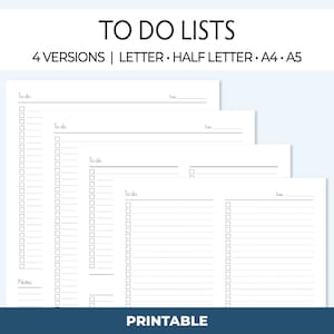 Könnte beinhalten: Vier druckbare To-Do-Listenvorlagen in verschiedenen Größen: Letter, Half Letter, A4 und A5. Jede Vorlage verfügt über ein einfaches Design mit Kontrollkästchen und Zeilen zum Schreiben von Aufgaben. Der Text "To do" und "Notes" ist auf den Vorlagen enthalten.