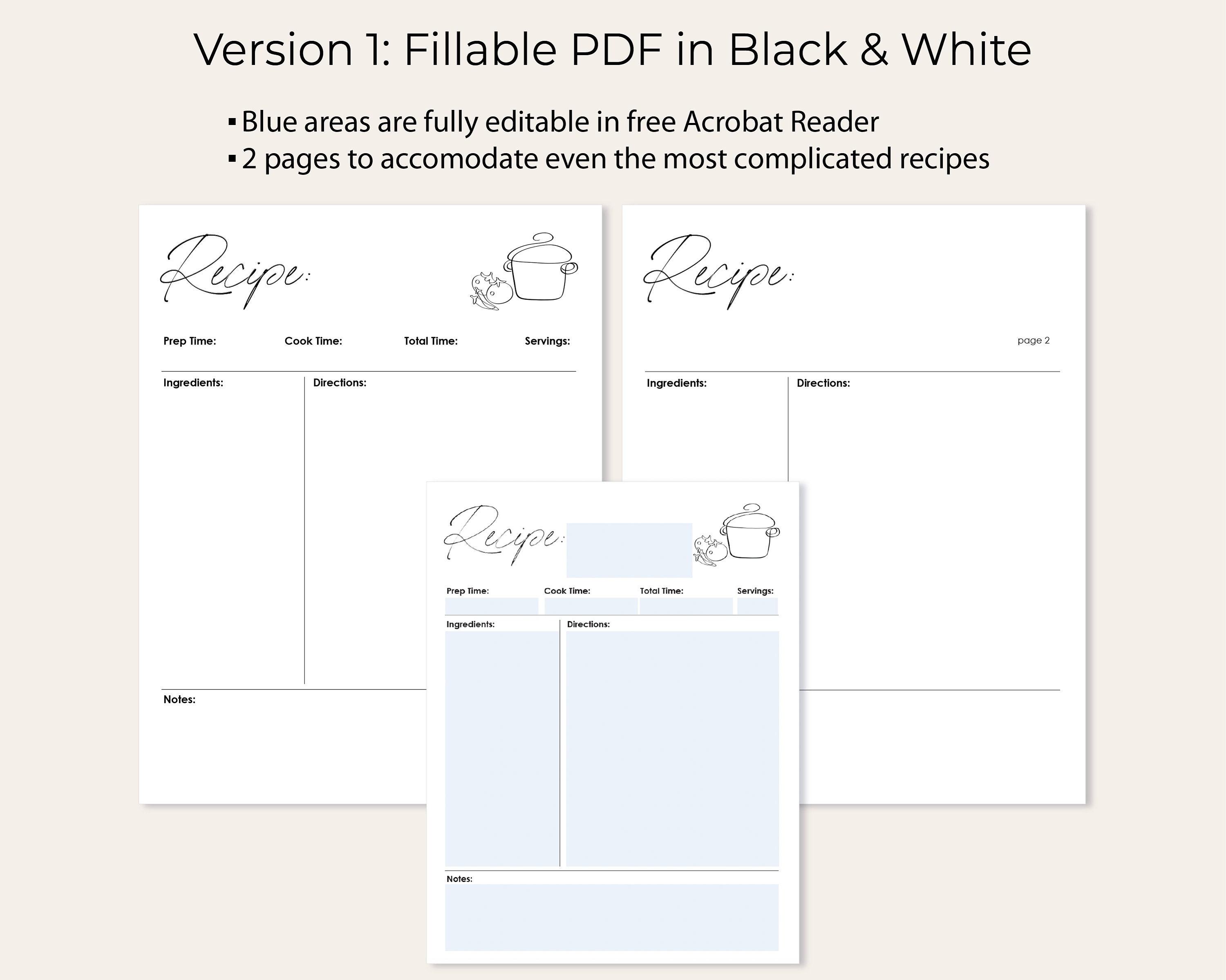 Editable Printable Recipe Template, 8.5 X 11 Fillable Pages, 2 Page ...