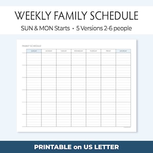 Printable Weekly Family Schedule, Spaces to Plan for 2 to 6 People ...