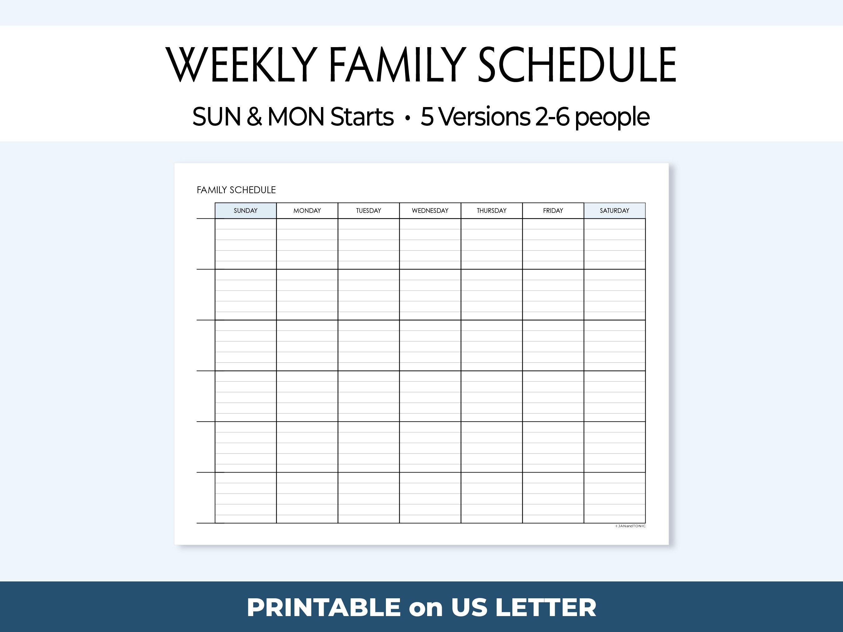 Printable Weekly Family Schedule, Spaces to Plan for 2 to 6 People ...