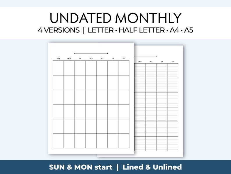 Printable Lined Monthly Calendar Insert, Undated, Perpetual Planner ...