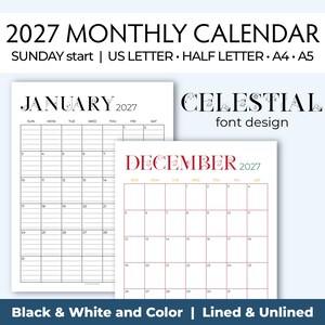 Op de afbeelding: Een printbare set voor de maandkalender 2027 met roosters die op zondag beginnen in de formaten US Letter, Half Letter, A4 en A5. Het ontwerp bevat een zwart-witte januaripagina en een rood-witte decemberpagina met celestial lettertype.