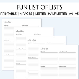 Druckbare Liste für Bücher zum Lesen, Filme zum Ansehen, Dinge zum Versuchen, Dankbarkeit, Organisieren. Planer Einlage für Letter, Half Letter, A4 und A5