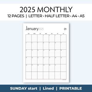 2025 Monthly Calendar, Printable Insert, Minimalist Lined Planner Page ...