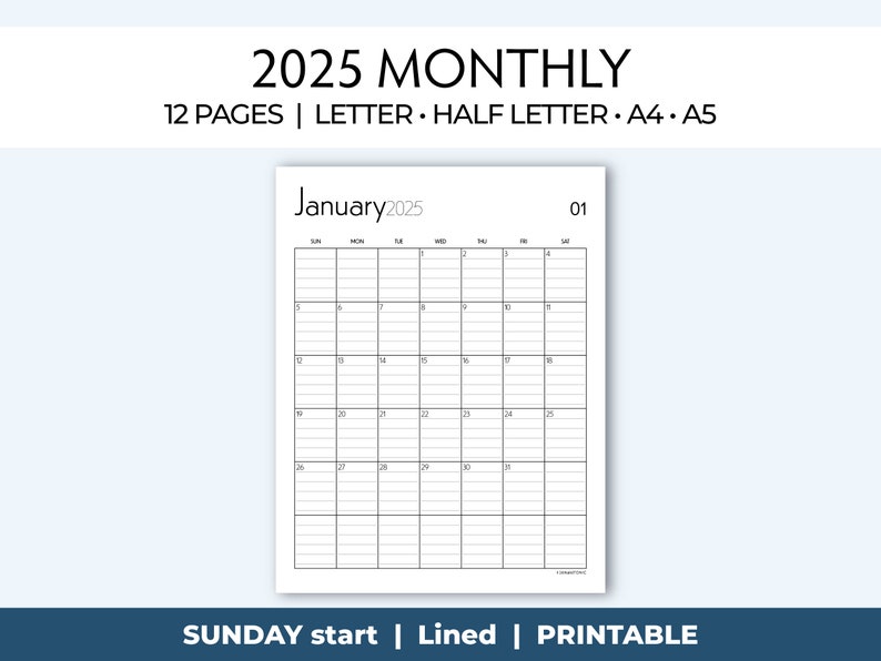 2025 Monthly Calendar Printable Insert Minimalist Lined Planner Page Etsy
