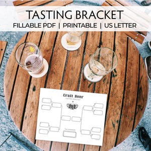 Könnte beinhalten: Draufsicht auf einen Holztisch mit einem "Craft Beer Tasting Bracket" Blatt, Biergläsern und Untersetzern. Der Text "TASTING BRACKET" steht oben. Der Tisch ist von Holzbrettern und Beinen umgeben.