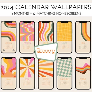 Phone Wallpapers, Groovy Retro 70s, 2024 monthly calendar lock screens and matching home screens for mobile phones, digital download