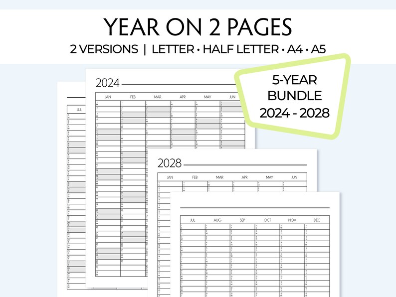 Printable Yearly Planners, 5 Years 2024, 2025, 2026, 2027, 2028 YO2P ...