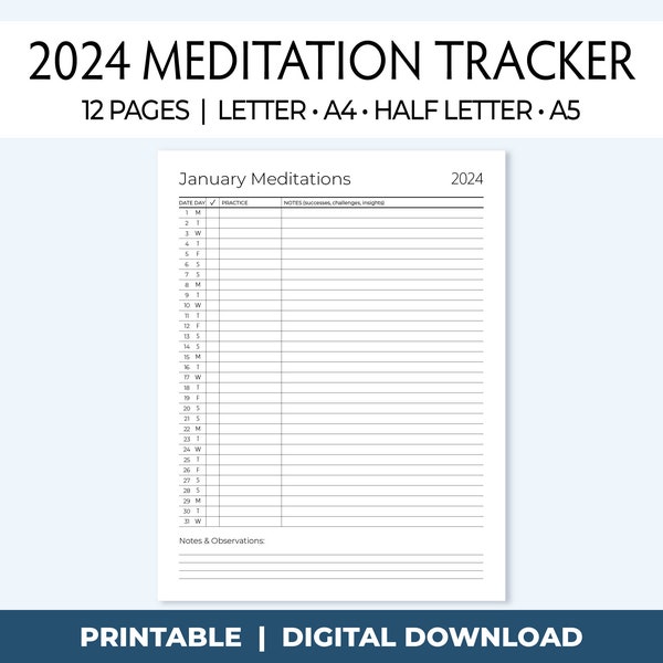 Printable Meditation Habit Tracker for mindfulness, wellness, yoga, self care, stress reduction. Motivating journal tracker dated for 2024