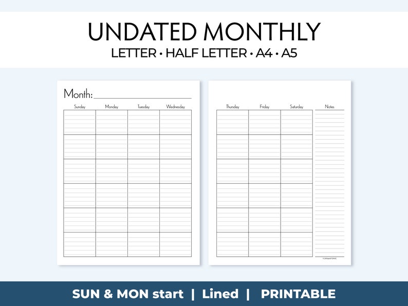 Undated Printable Monthly Planner Insert, Minimalist Design 2 Page ...