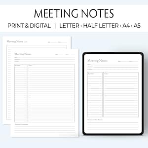 Actas de reuniones imprimibles, agenda para tomar notas, profesional, escolar, uso personal, regalo para un nuevo trabajo, carta, media carta, A4, A5, PDF digital