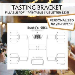 Könnte beinhalten: Ein schwarz-weißes, druckbares Bierverkostungs-Bracket mit dem Text "TASTING BRACKET" oben. Das Bracket ist für das "Scott's 40th" Bier-Event konzipiert und mit "PERSONALIZED for your event!" und "US LETTER 8.5X11" beschriftet.