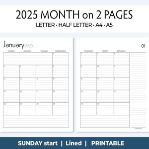 Planificador mensual imprimible 2025, calendario rayado, diseño minimalista, calendario Mo2P, descarga digital para tamaño carta, media carta, A4 y A5