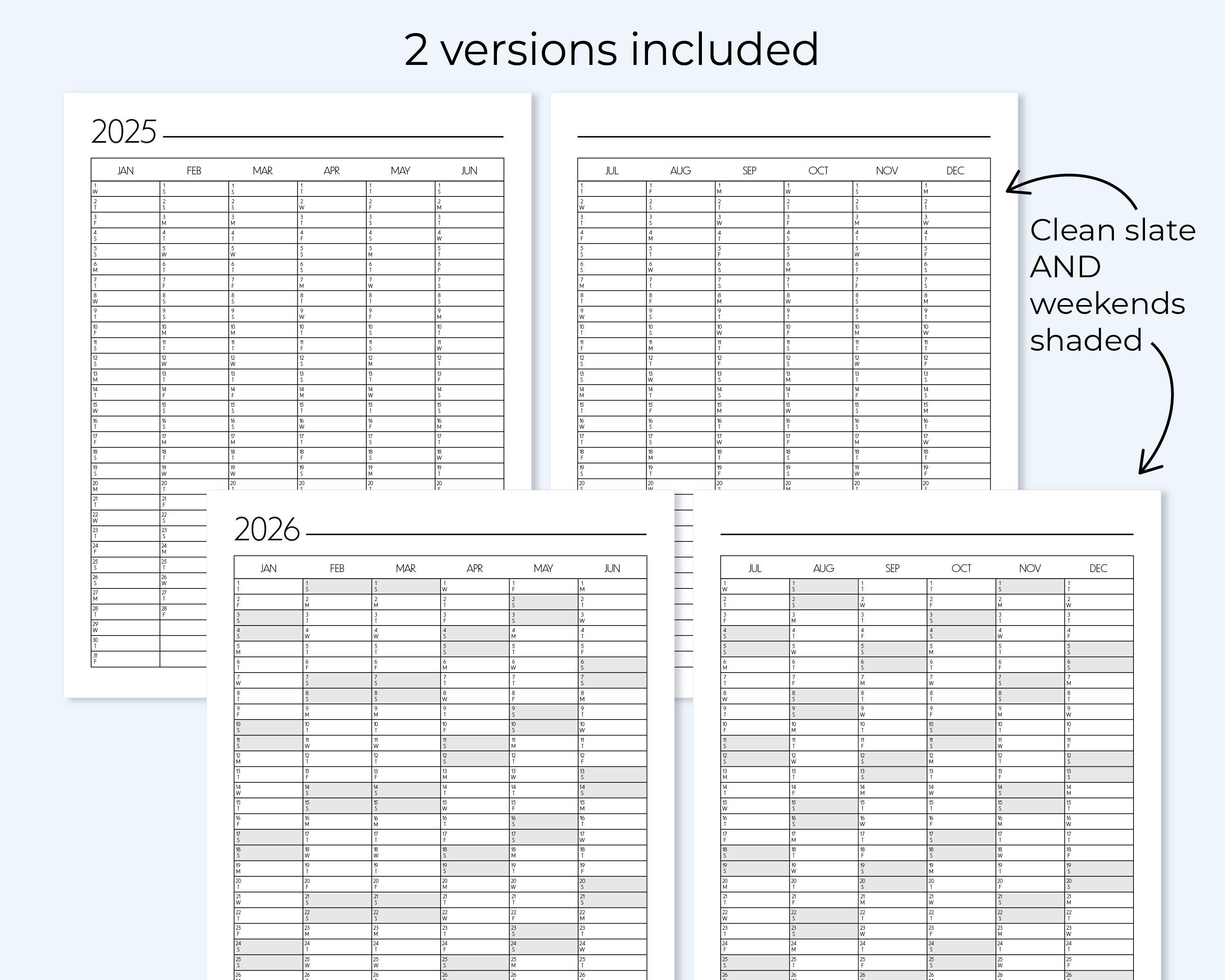 Printable Yearly Planners, 2 Years 2025 & 2026 YO2P. Annual Insert