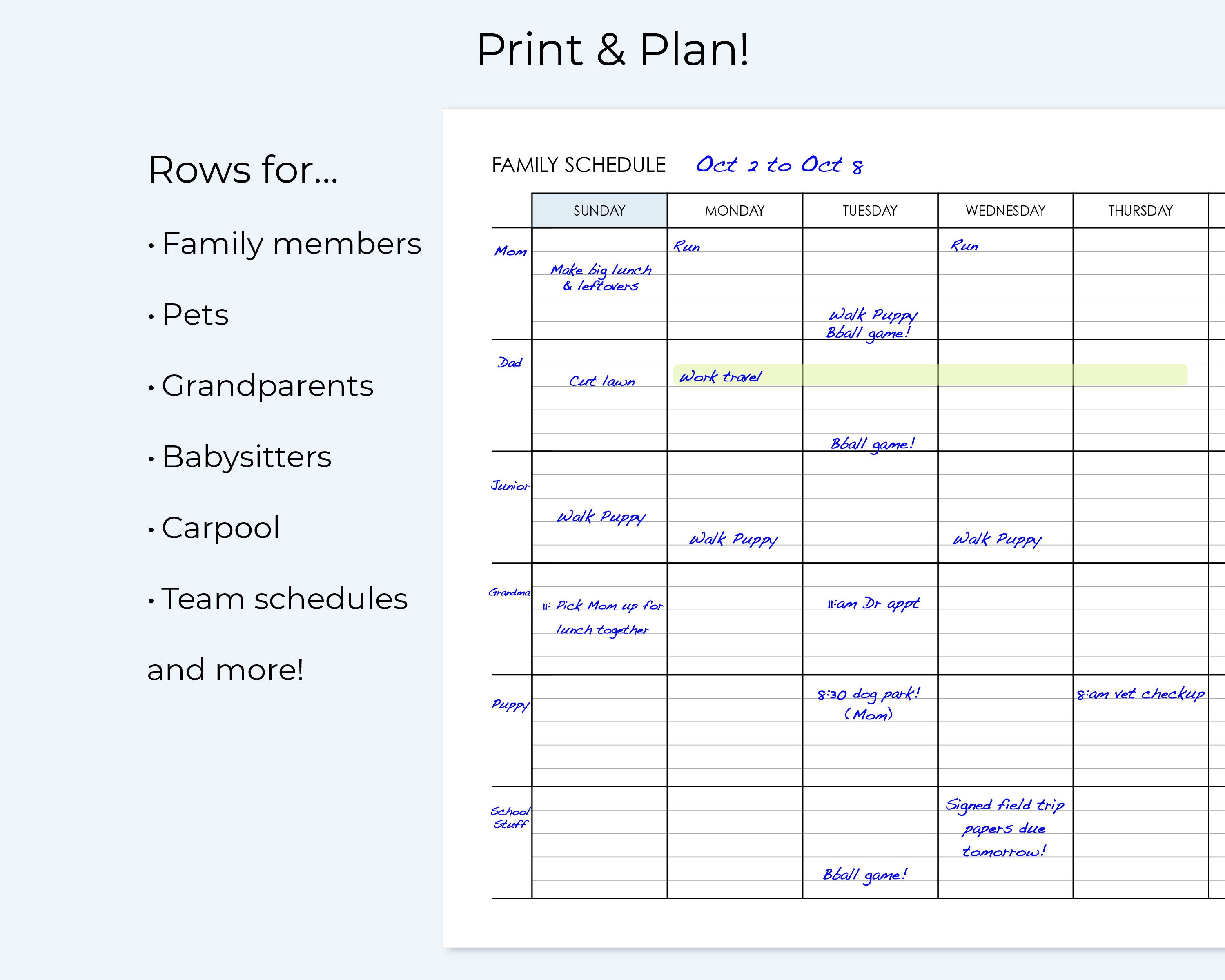 Printable Weekly Family Schedule, Spaces to Plan for 2 to 6 People, Prints on US Letter or ...