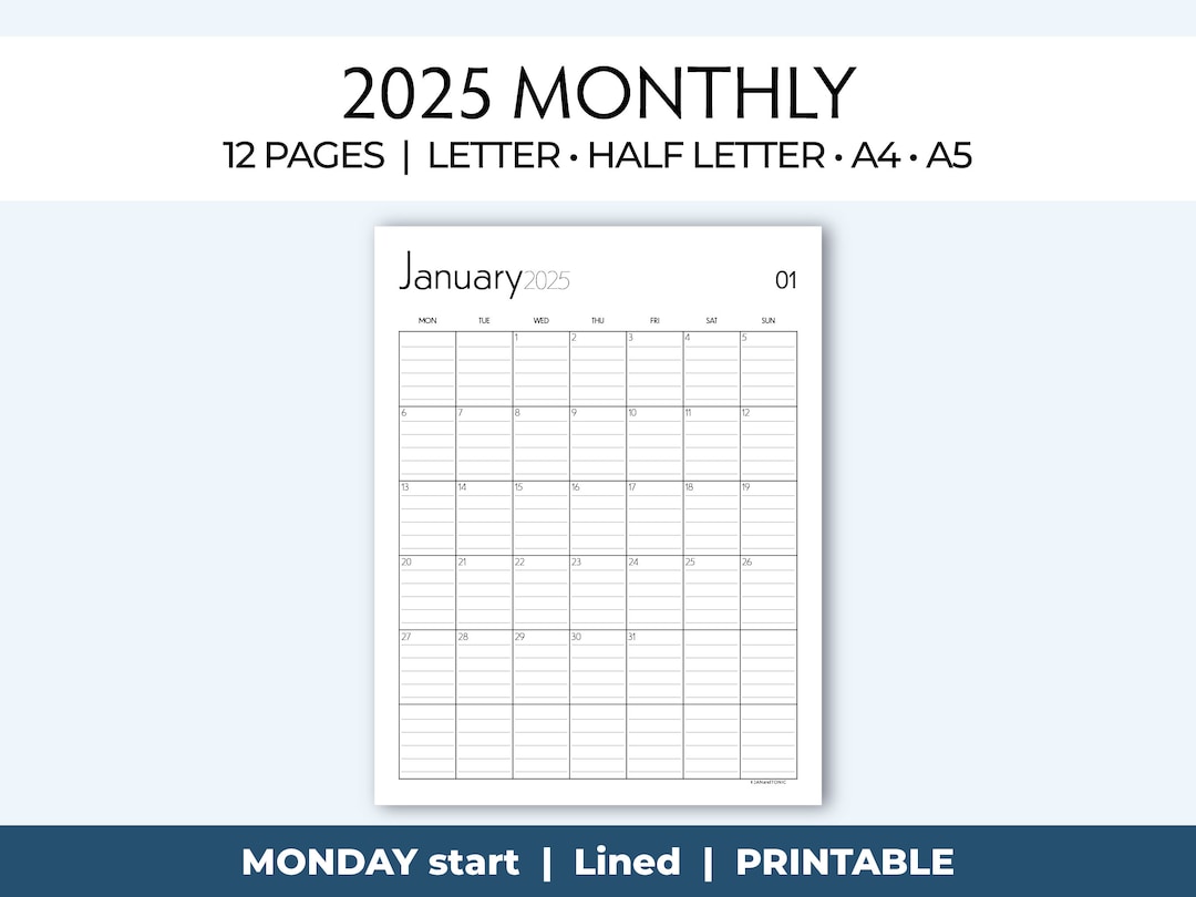 Printable 2025 Monthly Calendar Lined Monday Start Etsy