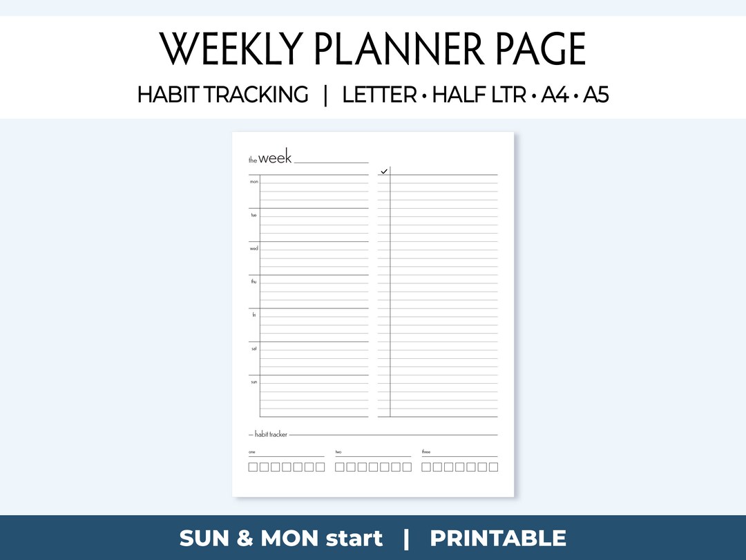 Weekly Printable Planner With Habit Tracker, US Letter, Half Letter, A4 ...