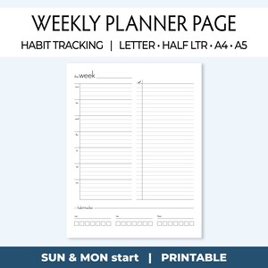 Könnte beinhalten: Eine schwarz-weiße druckbare Wochenplanerseite mit einem Bereich für die Gewohnheitsverfolgung. Die Seite ist für die Verwendung mit Papier in den Formaten Letter, Half Letter, A4 und A5 konzipiert. Der Text "week" und "habit tracker" ist auf der Seite sichtbar.