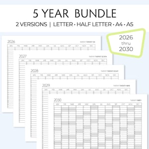 5 printable planners, 2026, 2027, 2028, 2029, 2030. YO1P, year at a glance for work, family, travel, medical and more. Annual insert page