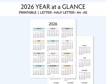 Printable 2026 year-at-a-glance calendar in color and black and white