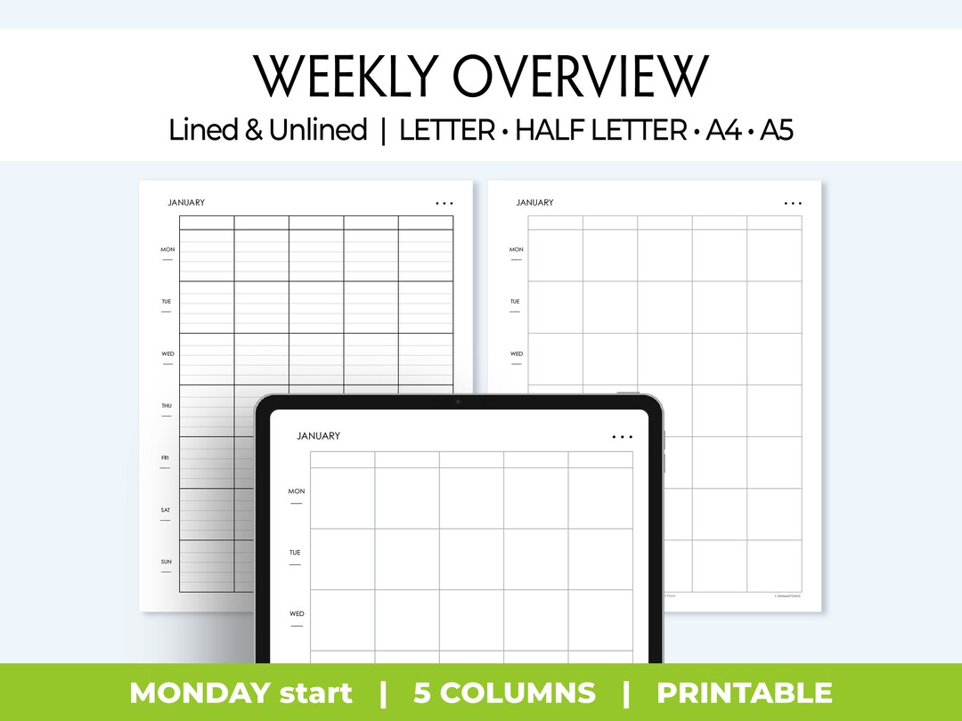 Printable Undated Weekly Overview Planner, Minimal Week on 1 Page WO1P ...