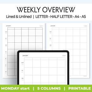 Puede incluir: Tres plantillas de planificador semanal imprimibles con un diseño de cuadrícula. Las plantillas están etiquetadas como "JANUARY" y tienen cinco columnas para cada día de la semana, comenzando por el lunes. El texto "MONDAY start | 5 COLUMNS | PRINTABLE" aparece en la parte inferior de la imagen.