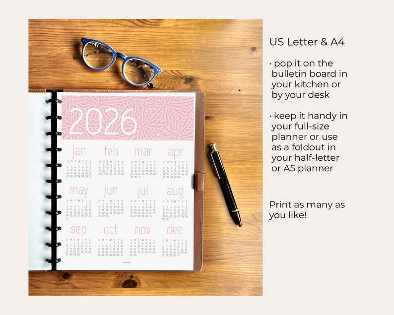 2026 Year at A Glance Calendar: Printable Planner Insert (PDF Download ...