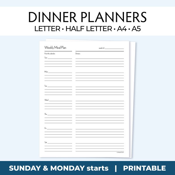 Printable Meal Planner, Weekly dinner and shopping template, Digital or print on Letter, Half letter, A4, A5, Daily food prep template