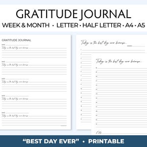 Páginas de diario de gratitud, diario imprimible semanal y mensual para el bienestar, el cuidado personal y la atención plena. Imprima en tamaño carta, media carta, A4 y A5.