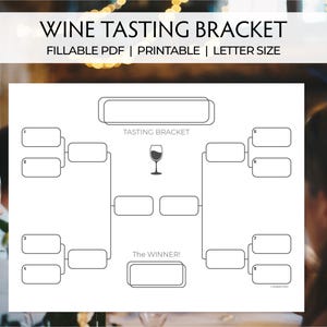 May include: A white wine tasting bracket with the text "WINE TASTING BRACKET" at the top. The bracket is fillable and printable, with spaces for wine names and a "The WINNER!" section. A wine glass icon is in the center.