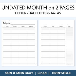 Planificador mensual imprimible sin fecha, calendario de 2 páginas con diseño minimalista, descarga digital en formato carta, media carta, A4 y A5
