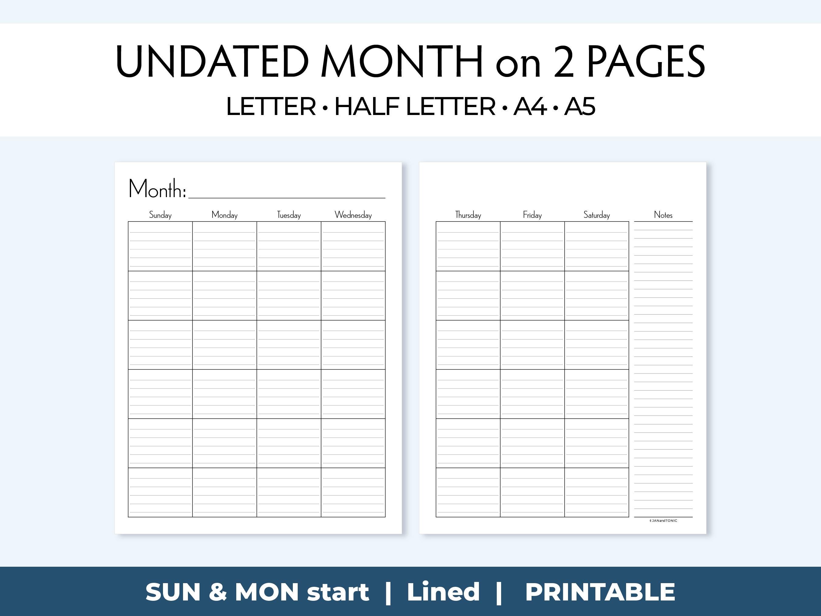 Undated Printable Monthly Planner Insert, Minimalist Design 2 Page ...
