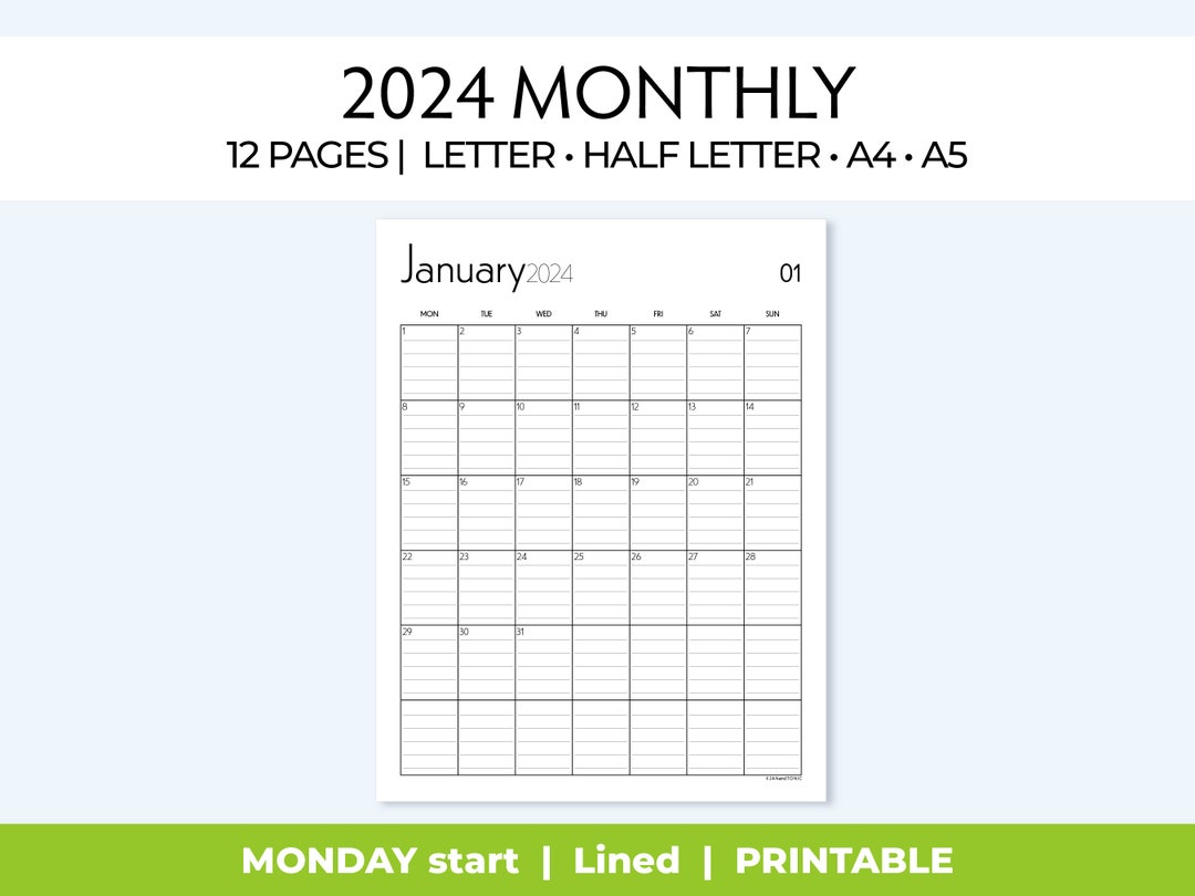 2024 Printable Monthly Calendar Insert, Minimalist Design Planner Page ...