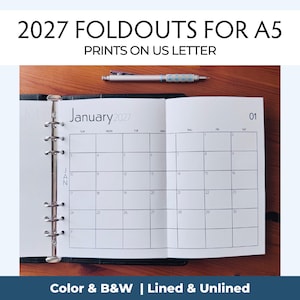 May include: An open A5 planner binder with white pages featuring a black grid calendar for January 2027. The text 2027 FOLDOUTS FOR A5 PRINTS ON US LETTER is visible at the top, and Color & B&W | Lined & Unlined is at the bottom.