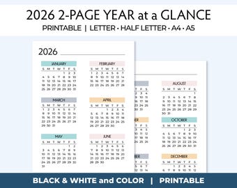 Printable 2-page 2026 year-at-a-glance calendar in color and black and white