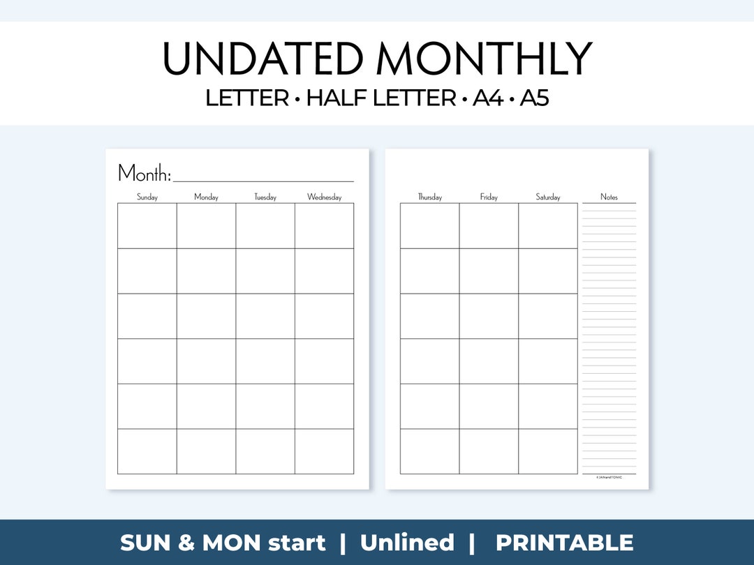 Undated Printable Monthly Planner Insert, Minimalist Design 2 Page ...