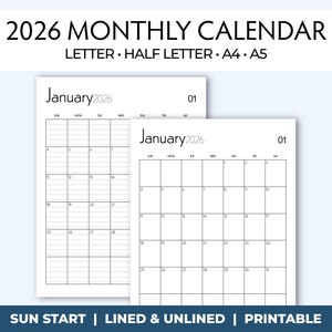 May include: Two white 2026 monthly calendars with a grid layout. The calendars are labeled "January 2026" and include the days of the week. The text "2026 MONTHLY CALENDAR" is at the top, with "LETTER • HALF LETTER • A4 • A5" below it.