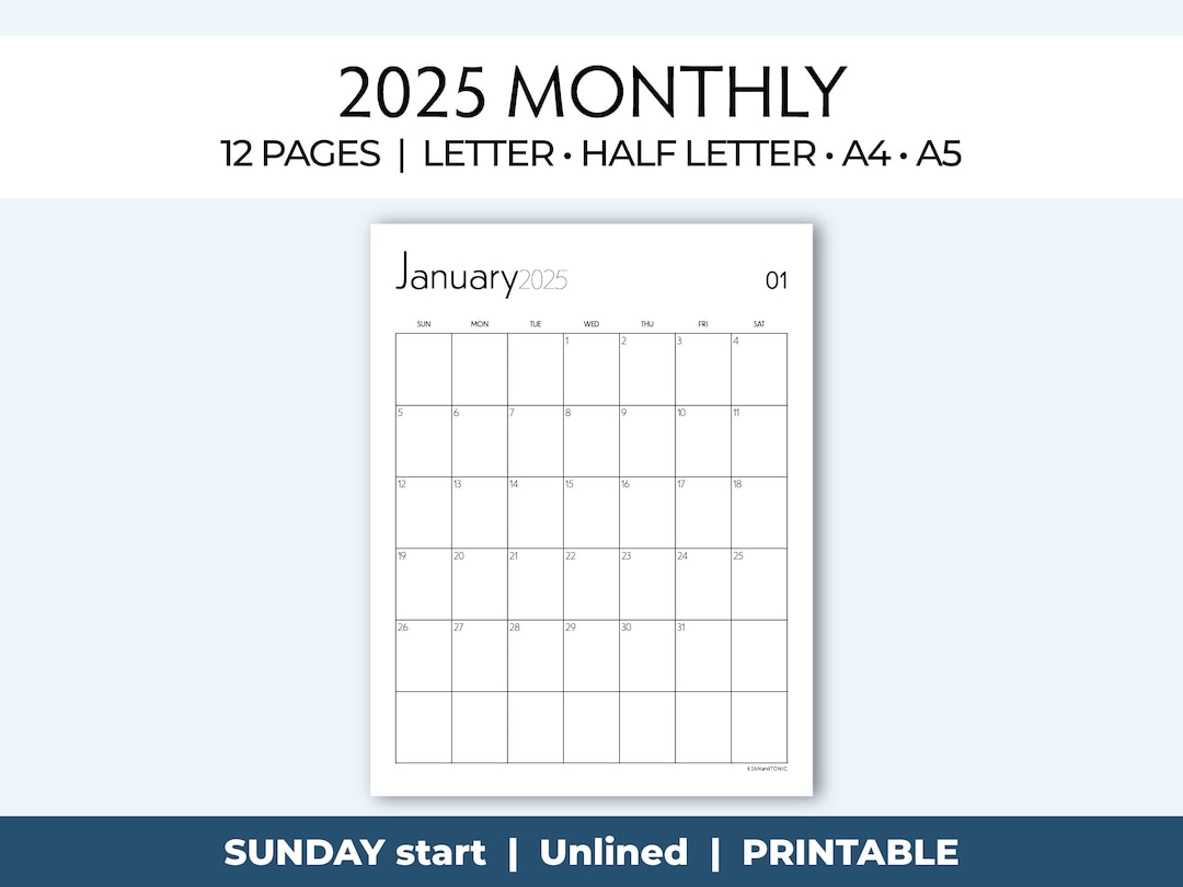 2025 Monthly Calendar, Printable Insert, Minimalist Design Planner Page ...