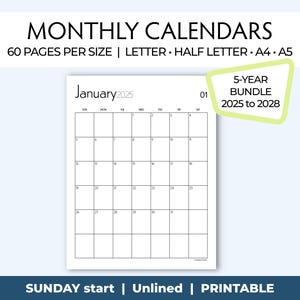 Calendario mensual imprimible, 5 años 2025, 2026, 2027, 2028, 2029. Páginas de planificador mensual, Mes en 1 página, Carta, Media carta, A4, A5