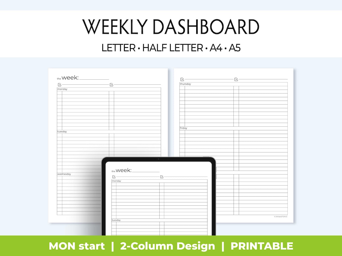 Printable Weekly Planner, Undated Week on 2 Pages, Two-column Layout ...