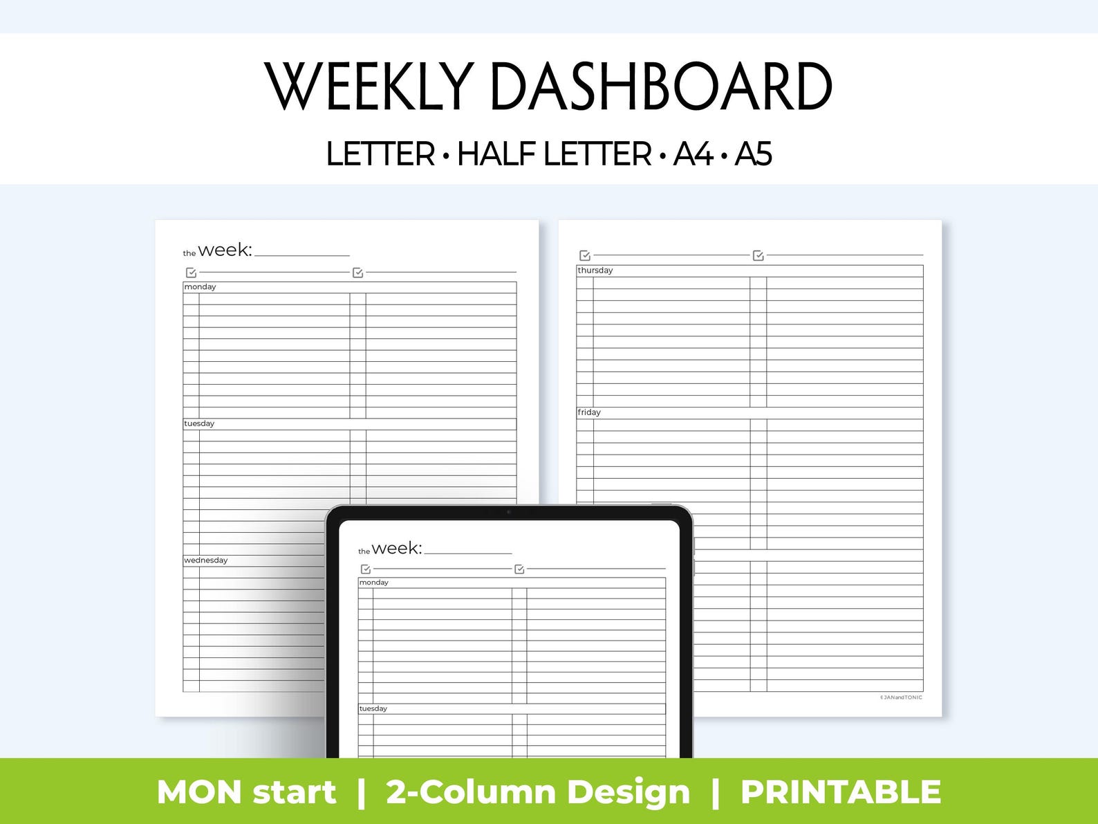 Undated Week Printable Weekly Planner, Undated Week on 2 Pages, Two-column Layout ...