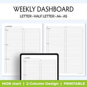 Planificador semanal imprimible, semana sin fecha en 2 páginas, diseño a dos columnas para uso profesional, familiar y escolar, se imprime en tamaño carta, media carta, A4, A5.