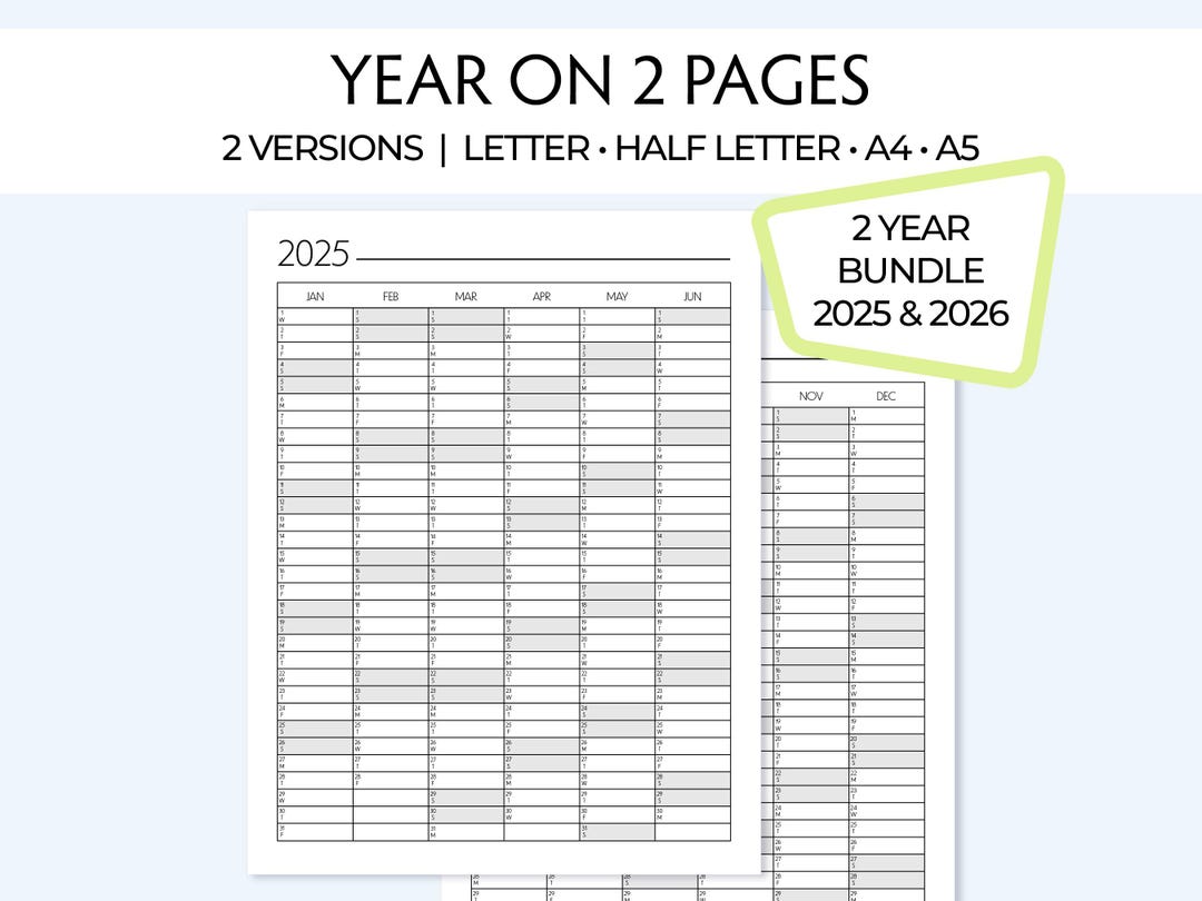 Printable Yearly Planners, 2 Years 2025 & 2026 YO2P. Annual Insert